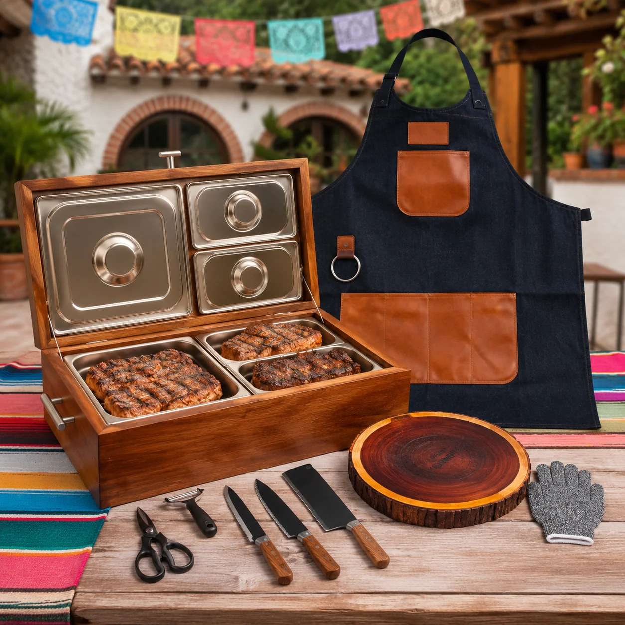 Kit Parrillero Paquete 7 — Grill Box, Tabla, Cuchillos, Mandil y Guantes — Grillbox Triple Clásica