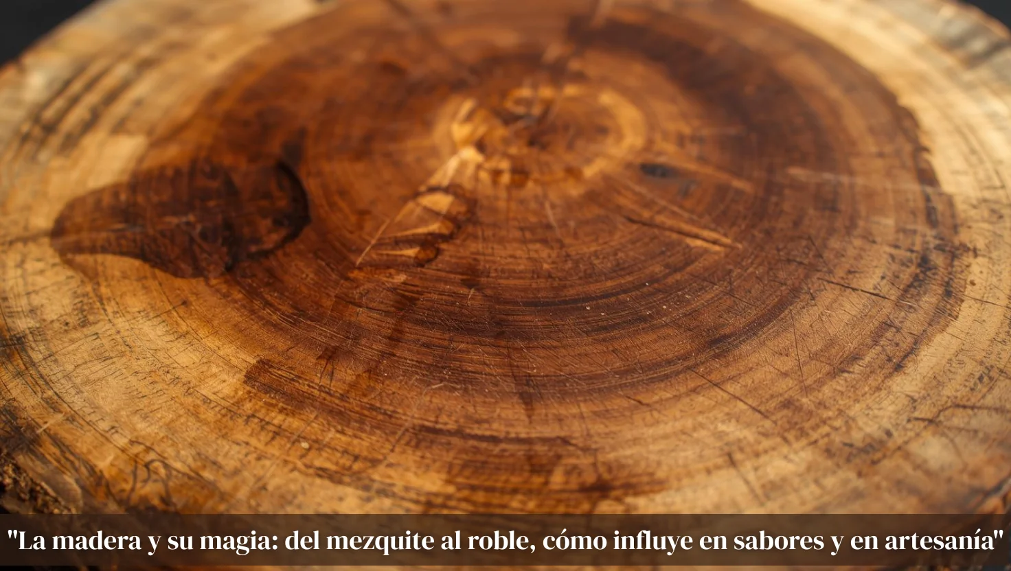 Corte transversal de un tronco de madera oscura con anillos de crecimiento visibles y textura rugosa