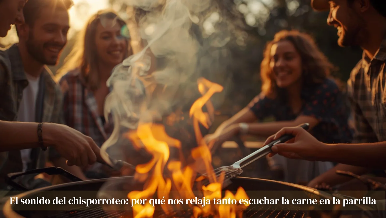 Grupo de amigos sonriendo alrededor de una parrilla con fuego y humo, mientras uno voltea la carne con unas pinzas