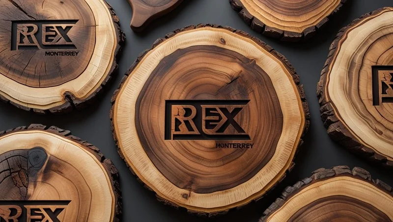 Rodajas de madera con corteza, grabadas con el logo 