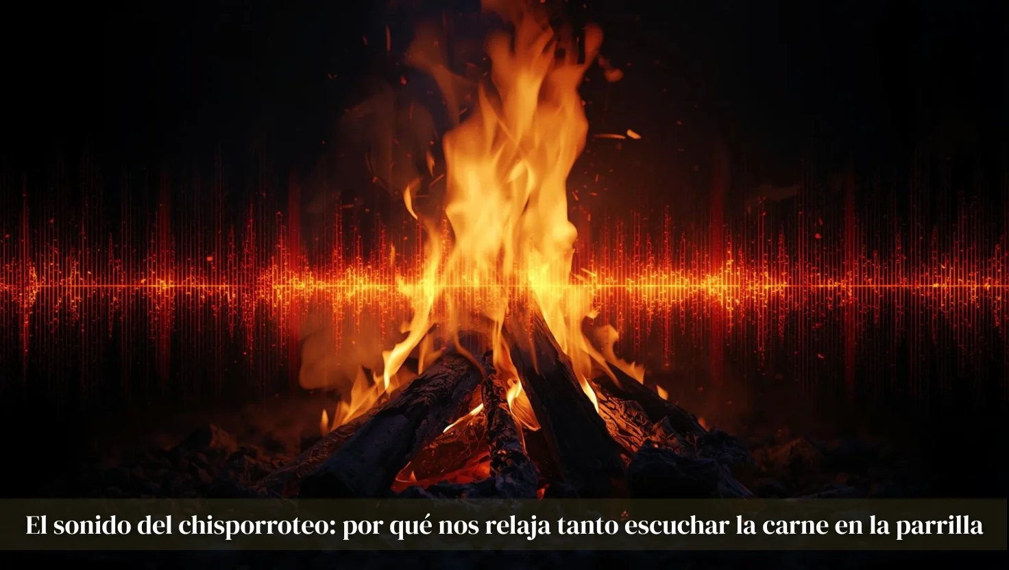 Hoguera de leña ardiendo con llamas naranjas y amarillas, y una onda de sonido roja brillante superpuesta
