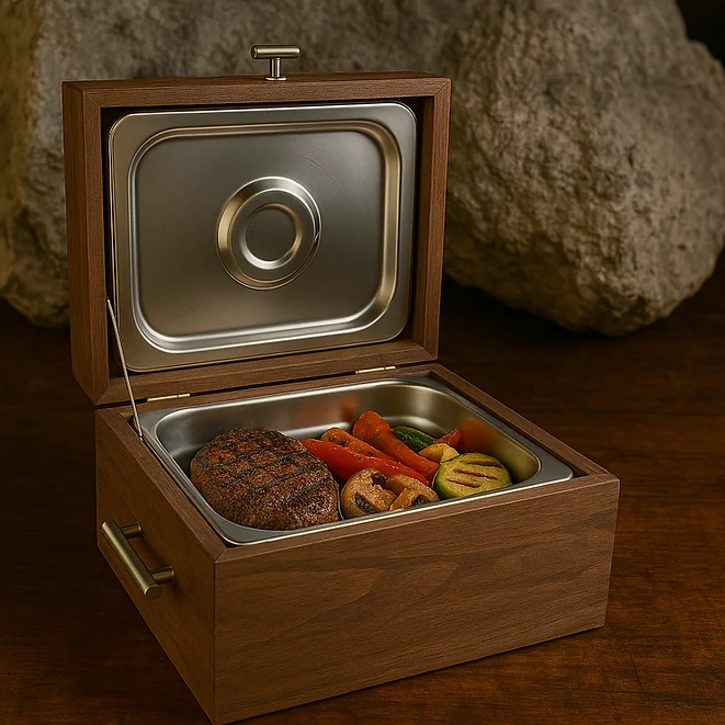 Caja de madera oscura con tapa abierta, mostrando un recipiente metálico con carne asada y verduras a la parrilla