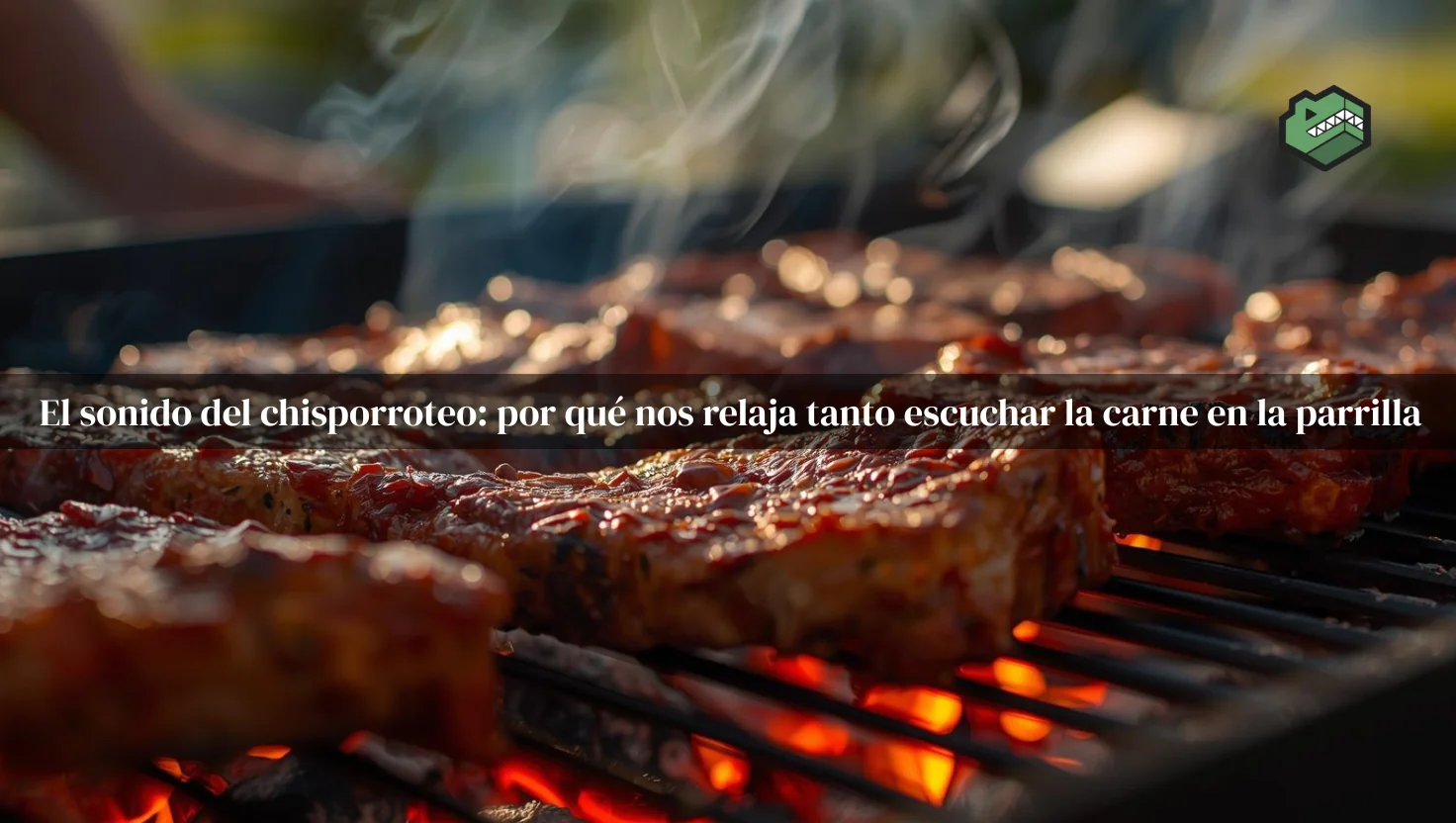 Cortes de carne asándose en una parrilla con brasas encendidas y humo, en un día soleado