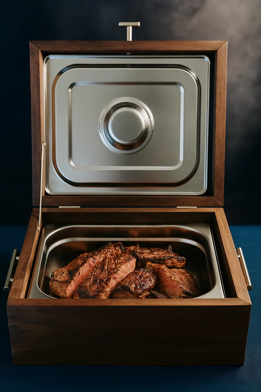 Caja de madera oscura abierta con un recipiente de acero inoxidable lleno de cortes de carne asada, con la tapa de metal levantada
