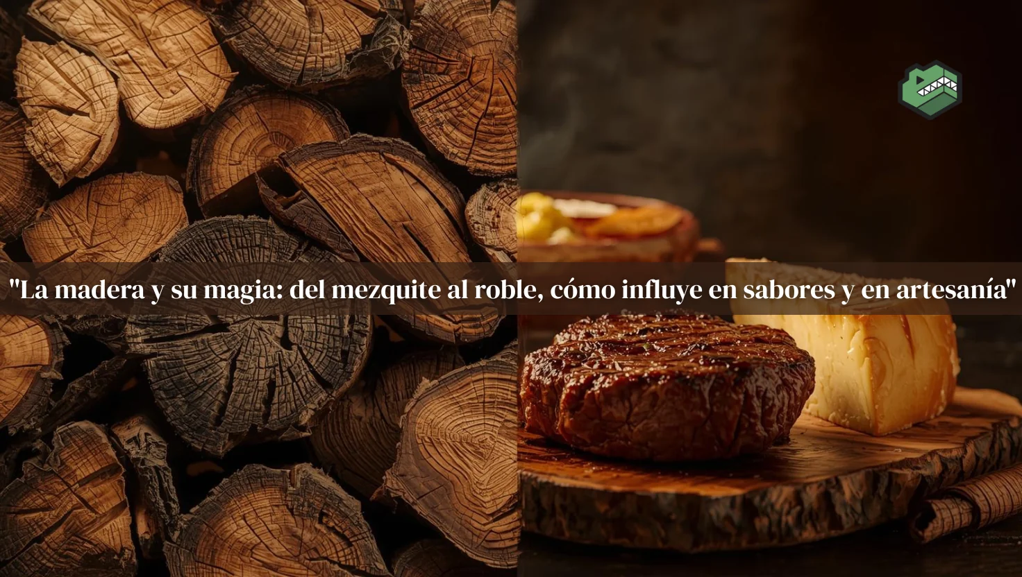 Pila de leños de madera oscura a la izquierda y un corte de carne asada con queso sobre una tabla de madera a la derecha