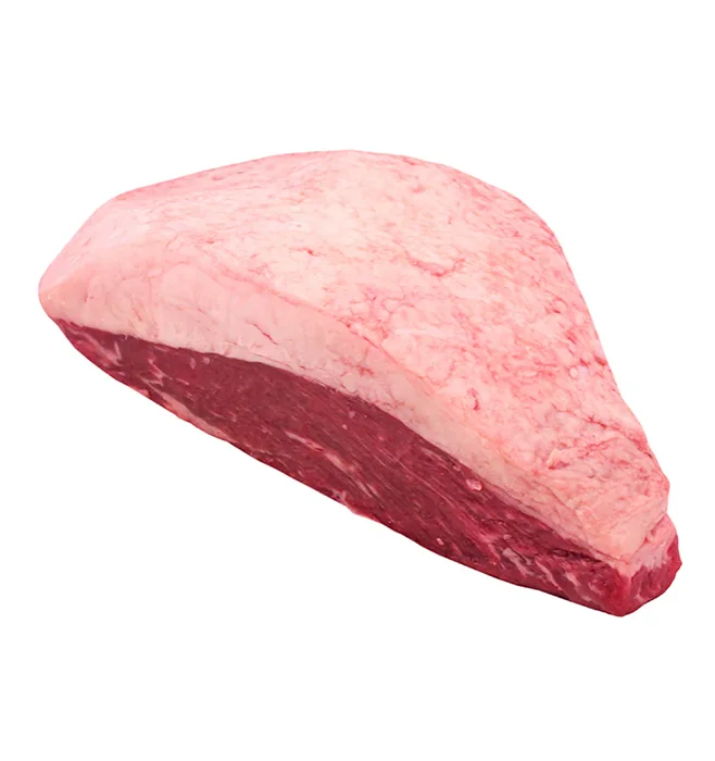 Corte de picaña cruda con una capa gruesa de grasa blanca en la parte superior y carne roja en la inferior