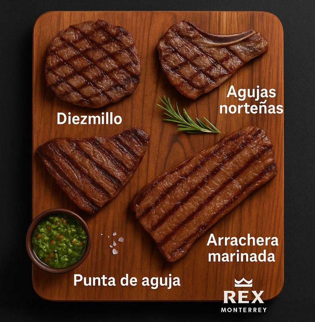 Cuatro cortes de carne asada con marcas de parrilla sobre una tabla de madera, con romero y sal de grano, y un tazón de salsa verde