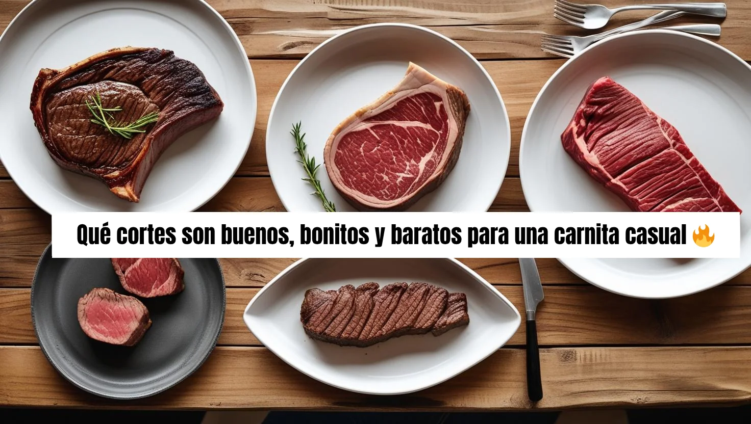 Cinco platos con diferentes cortes de carne, algunos crudos y otros cocidos, sobre una mesa de madera. Un texto dice
