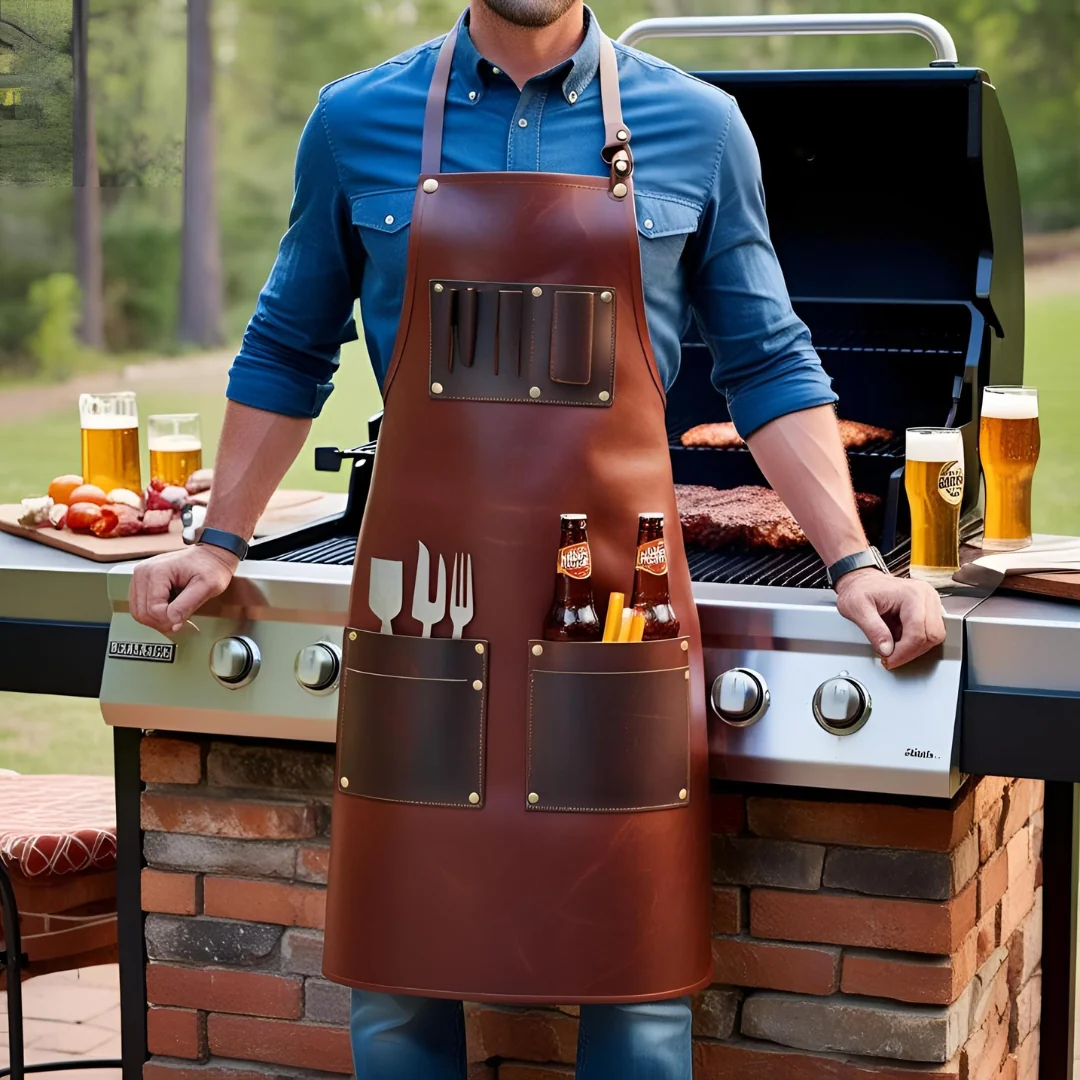 Hombre con mandil de piel marrón con bolsillos para herramientas y cervezas, recargado en un asador con carne y vasos de cerveza