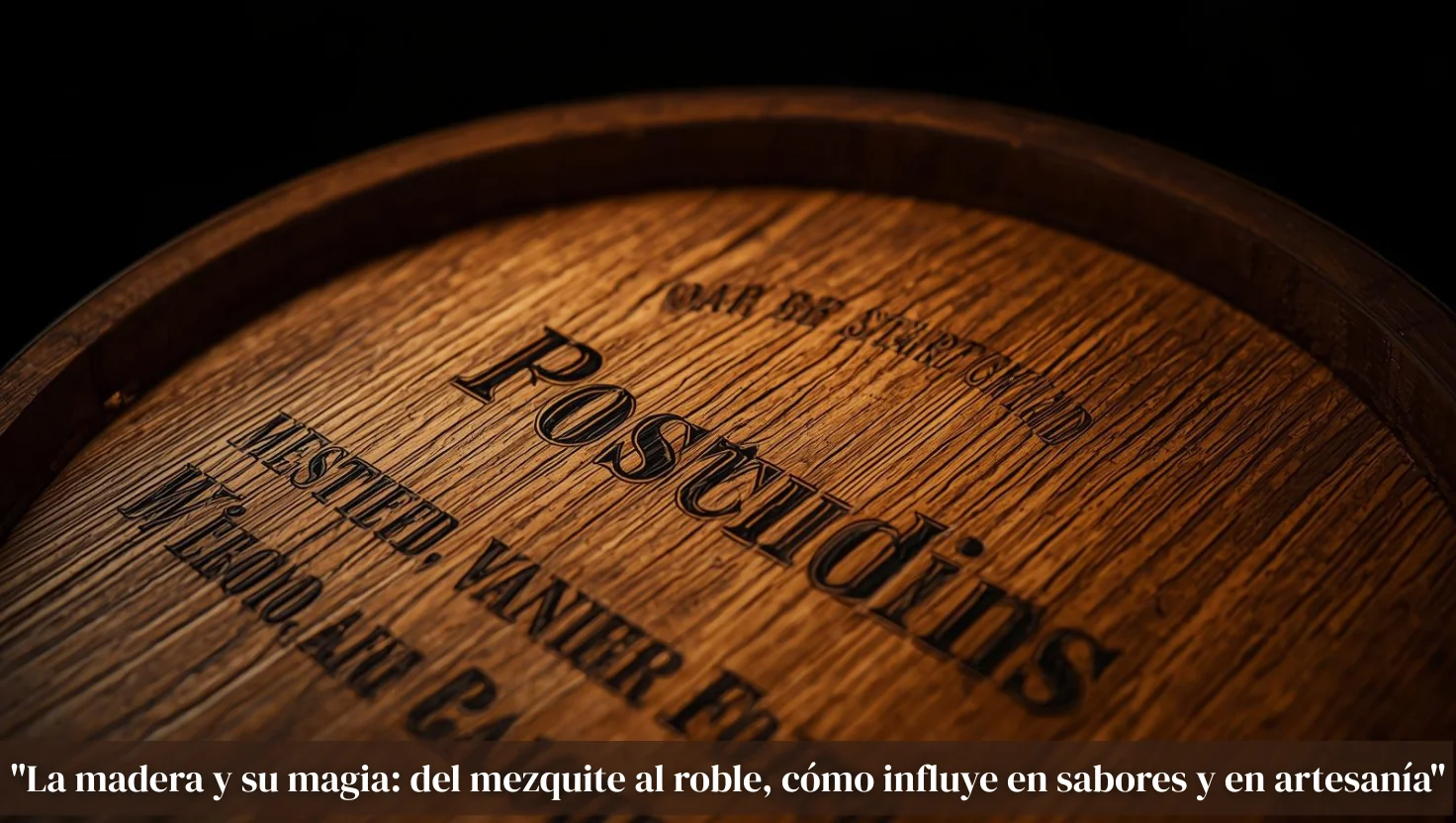 Tapa de barril de madera oscura con vetas marcadas y texto grabado en relieve