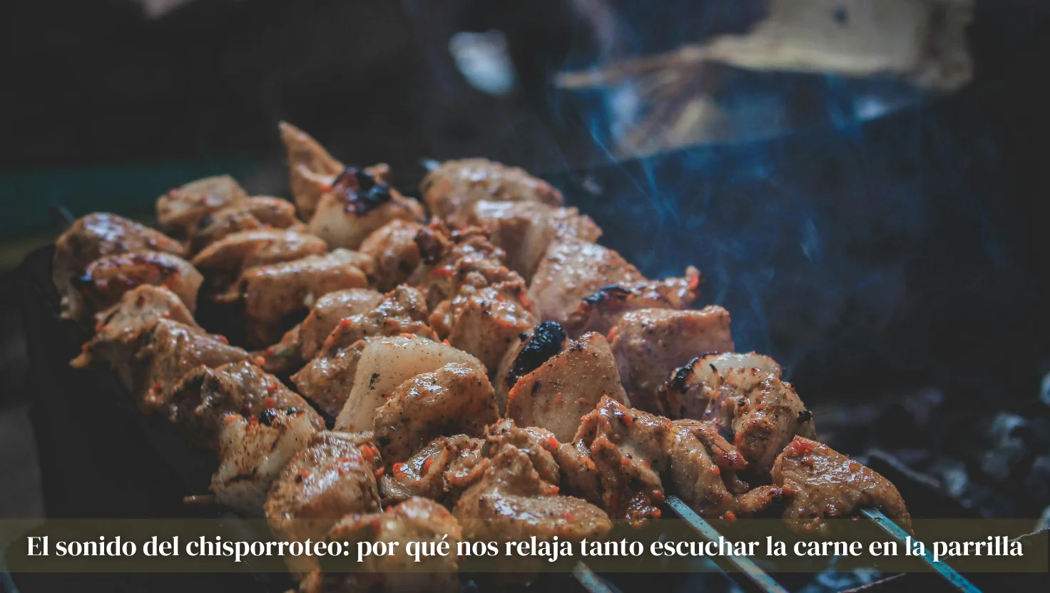 Brochetas de carne asándose en una parrilla con humo azulado y brasas al fondo
