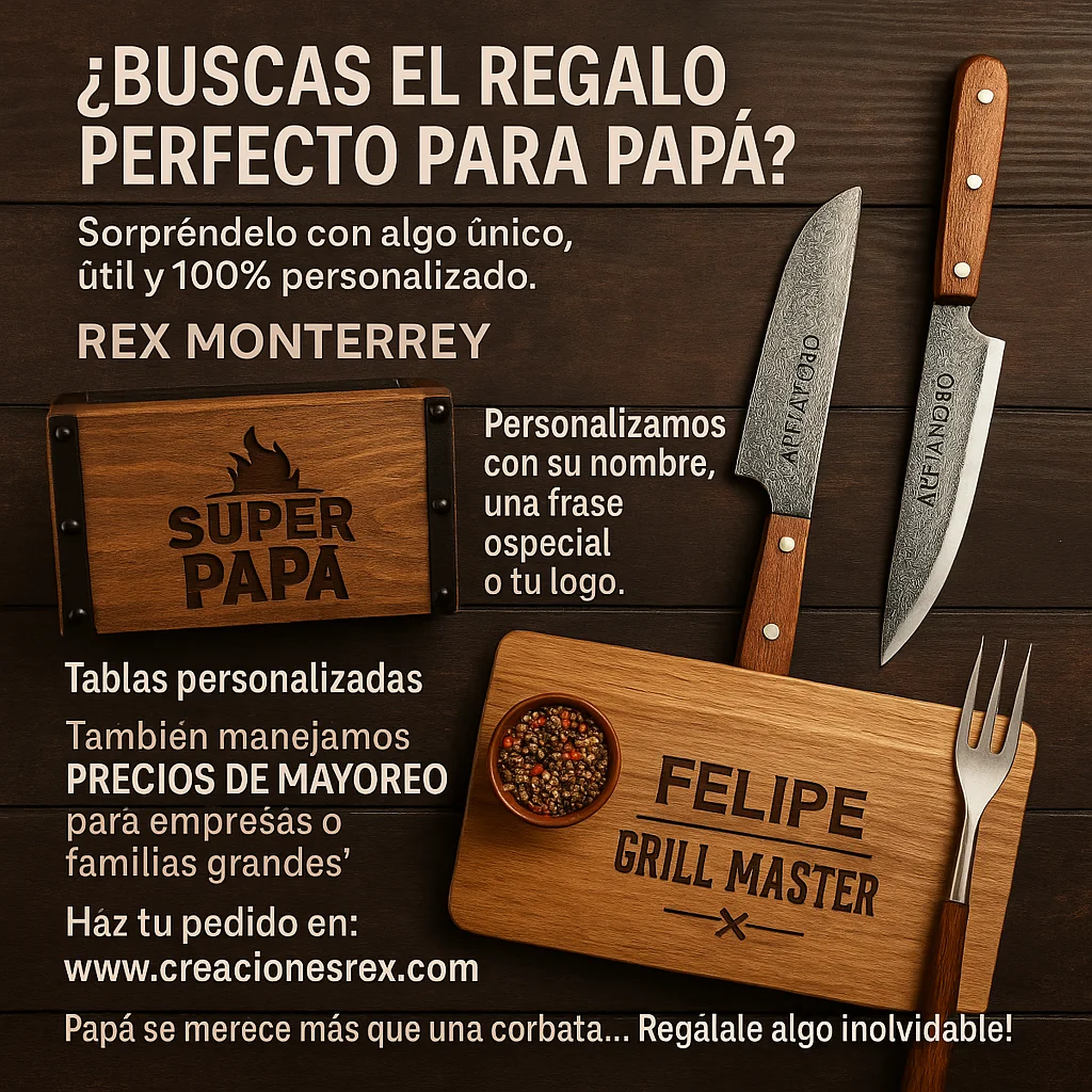 Tablas de madera personalizadas, cuchillos de acero con mango de madera y un tenedor de parrilla sobre fondo oscuro