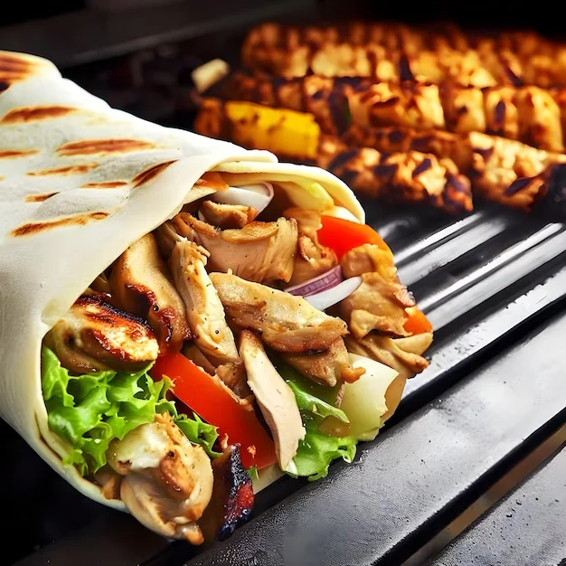 Burrito de tortilla de harina con pollo asado, lechuga, tomate y cebolla morada, sobre una parrilla con brochetas al fondo