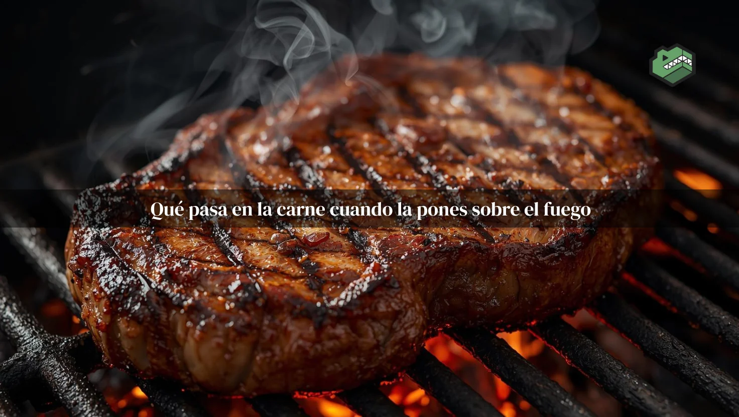 Un corte de carne asándose sobre una parrilla con brasas encendidas, desprendiendo humo y con marcas de cocción