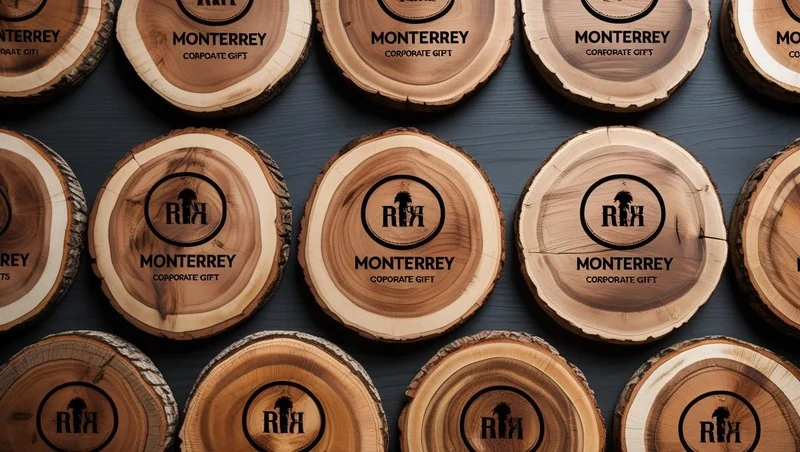 Rodajas de madera con corteza, grabadas con un logo y el texto 