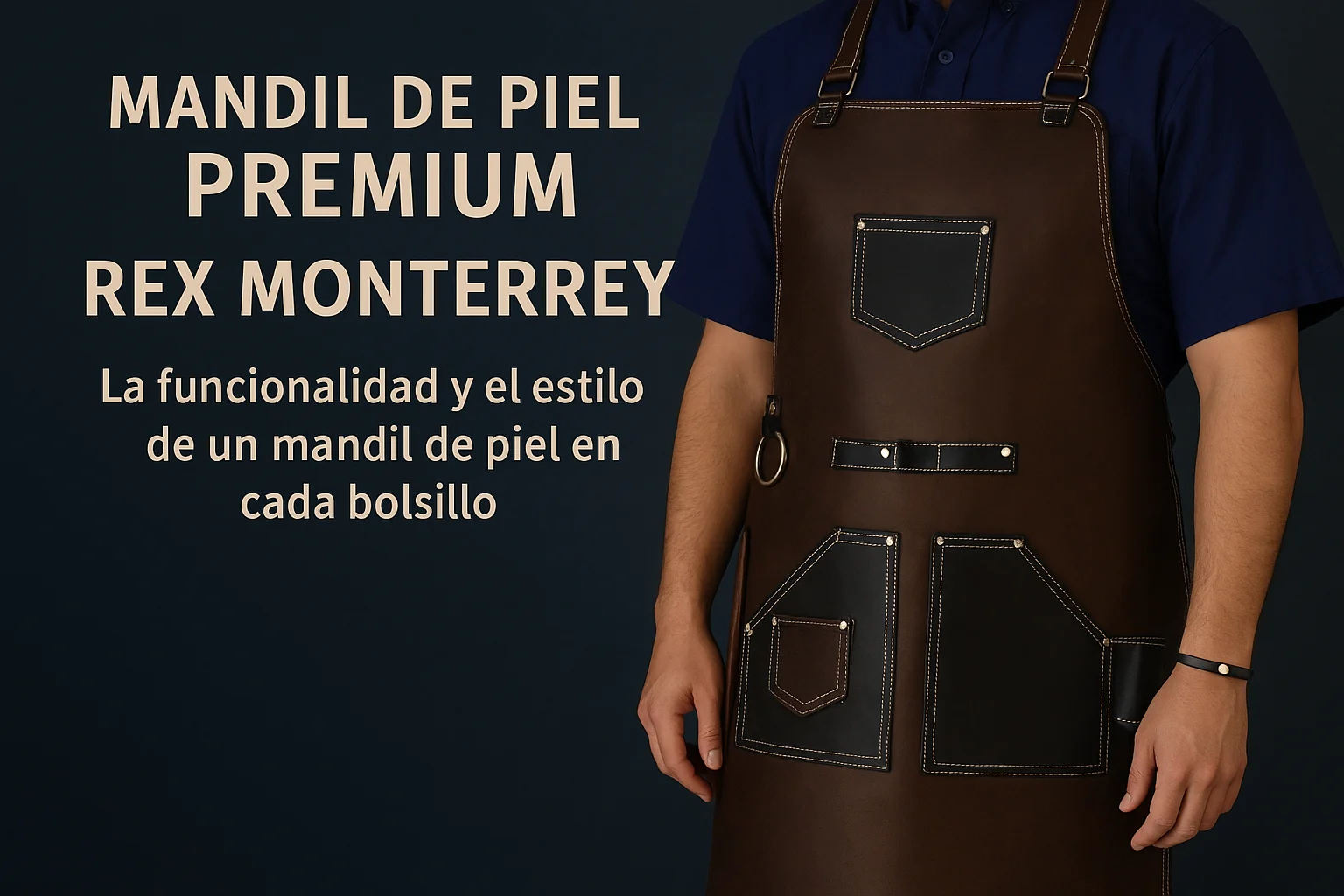 Hombre con mandil de piel café oscuro con detalles en piel negra y costuras blancas, sobre una camisa azul marino