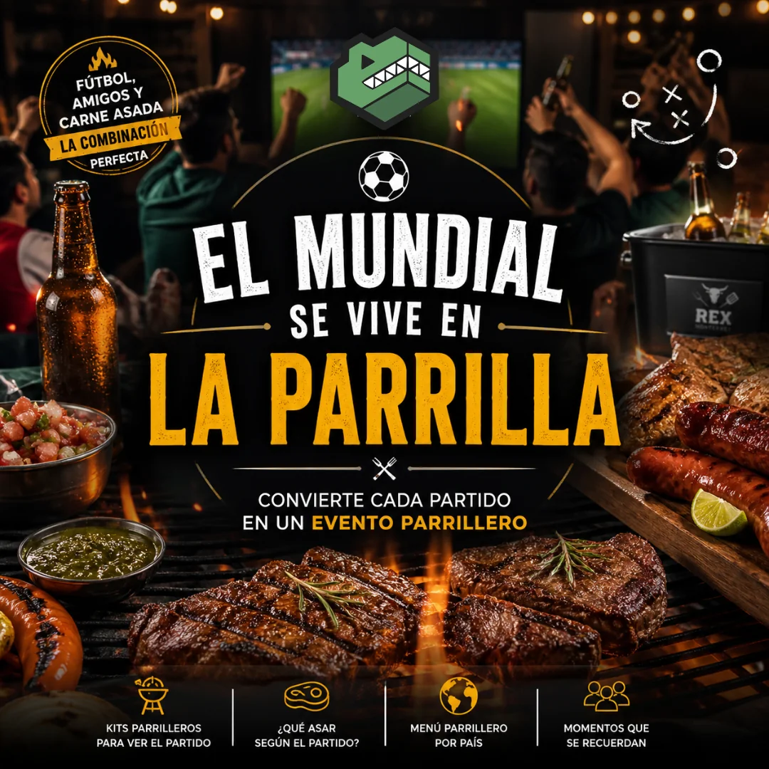 Parrilla con dos cortes de carne asándose, salchichas, salsa verde, pico de gallo y una cerveza, con gente viendo fútbol al fondo