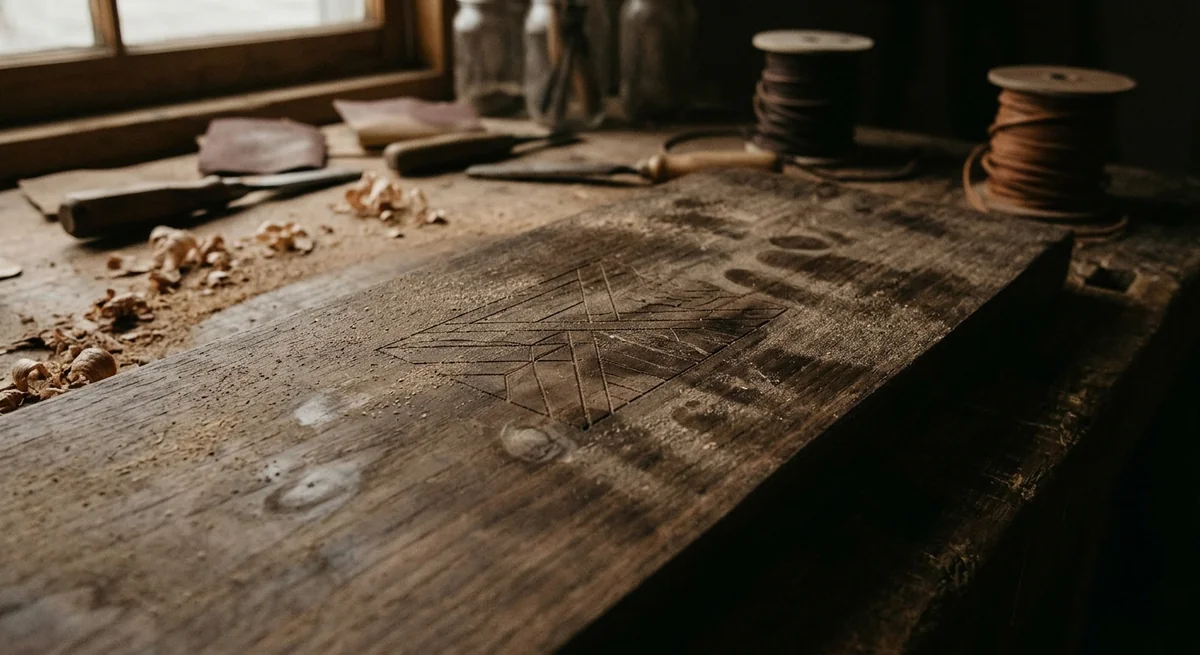 Tabla de madera oscura con grabado geométrico, rodeada de virutas y herramientas de carpintería en un taller