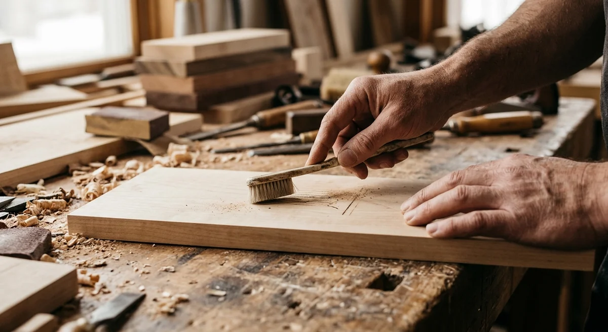 Manos de un artesano limpiando una tabla de madera clara con un cepillo pequeño, sobre una mesa de trabajo con virutas y herramientas