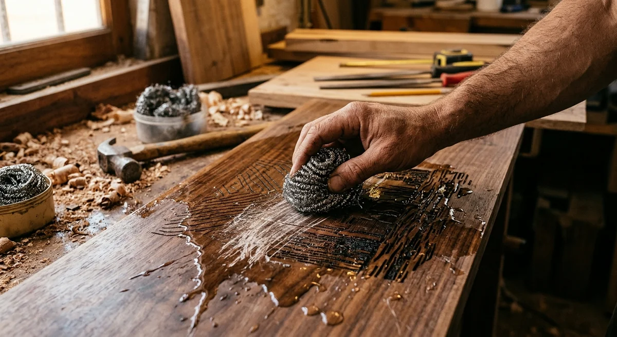 Mano de un hombre limpiando un grabado láser en madera oscura con una fibra metálica y líquido, en un taller con virutas y herramientas