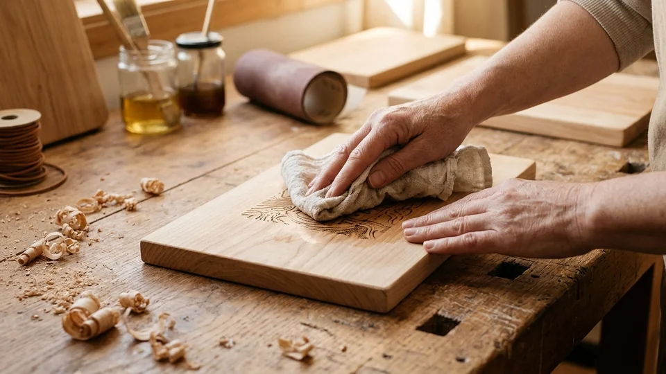 Manos limpiando una tabla de madera clara con grabado láser de un árbol, sobre una mesa de trabajo con virutas y herramientas