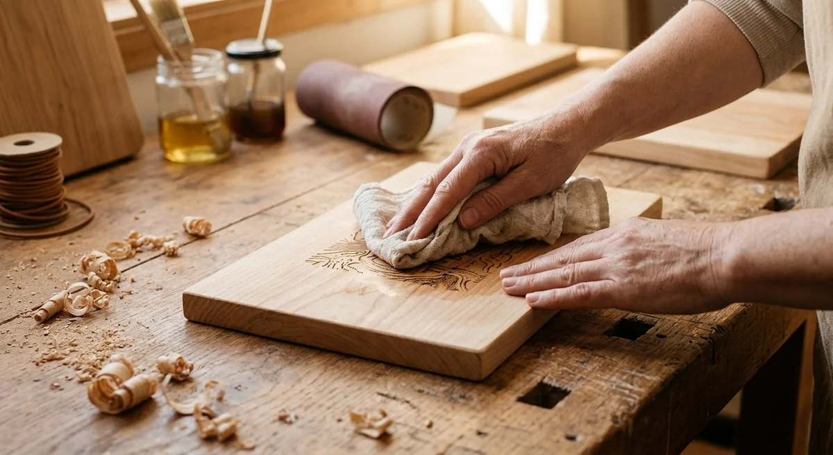 Manos limpiando una tabla de madera clara con grabado láser de un árbol, sobre una mesa de trabajo con virutas y herramientas