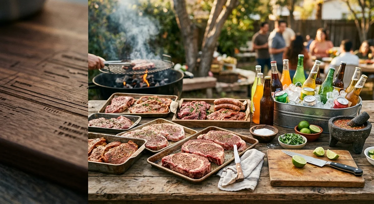Mesa de madera con charolas de carne cruda, salchichas, molcajete con salsa, limones, cilantro, bebidas frías y parrilla humeante