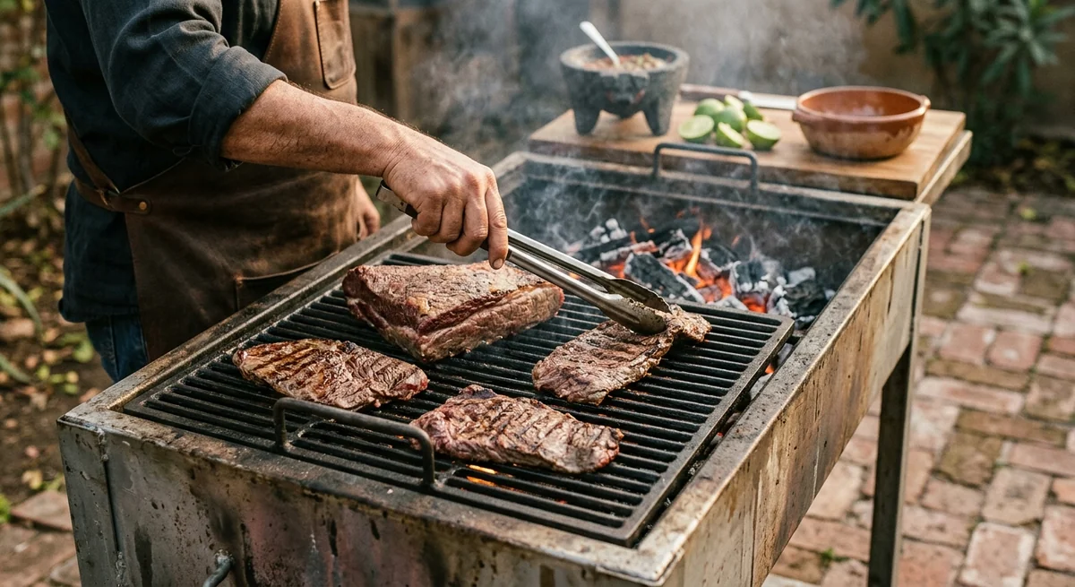 Un parrillero con mandil de cuero voltea cortes de carne asada en un asador con carbón encendido, junto a un molcajete y limones