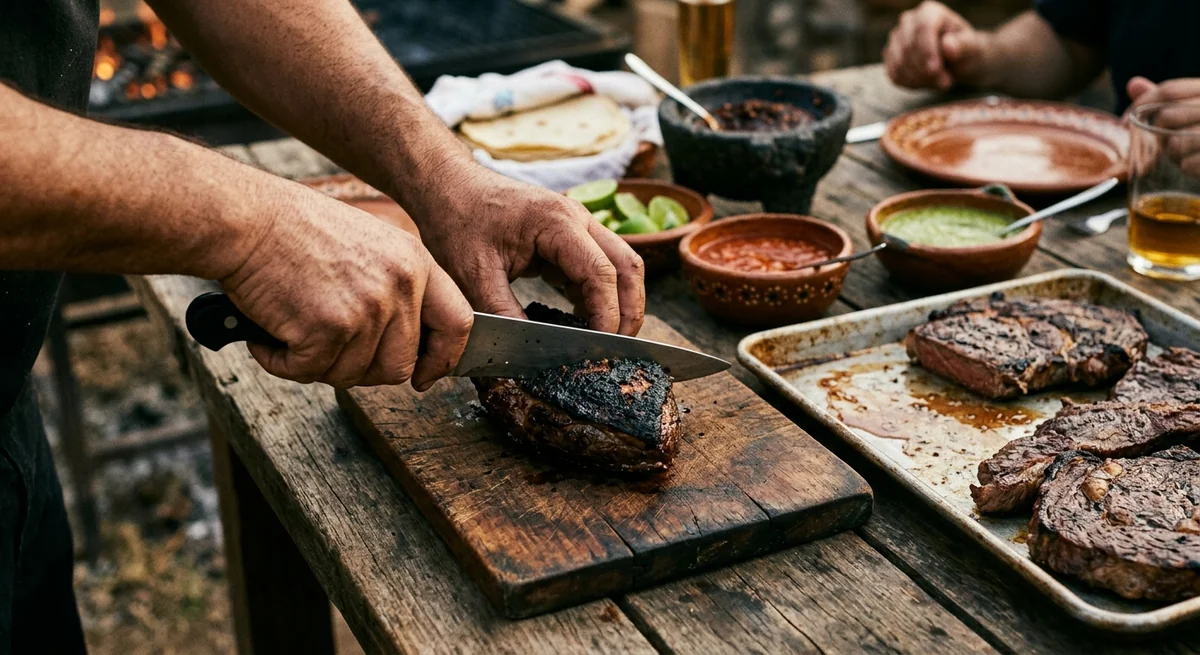 Manos de un parrillero rebanando carne asada en una tabla de madera, con tortillas, salsas y limones en una mesa rústica