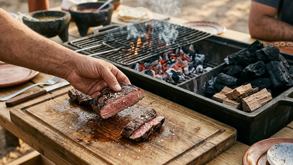 Mano de hombre cortando un trozo de carne asada con sal de grano sobre tabla de madera, con asador y carbón encendido al fondo