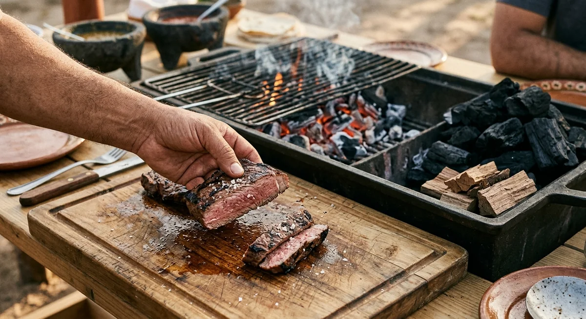 Mano de hombre cortando un trozo de carne asada con sal de grano sobre tabla de madera, con asador y carbón encendido al fondo