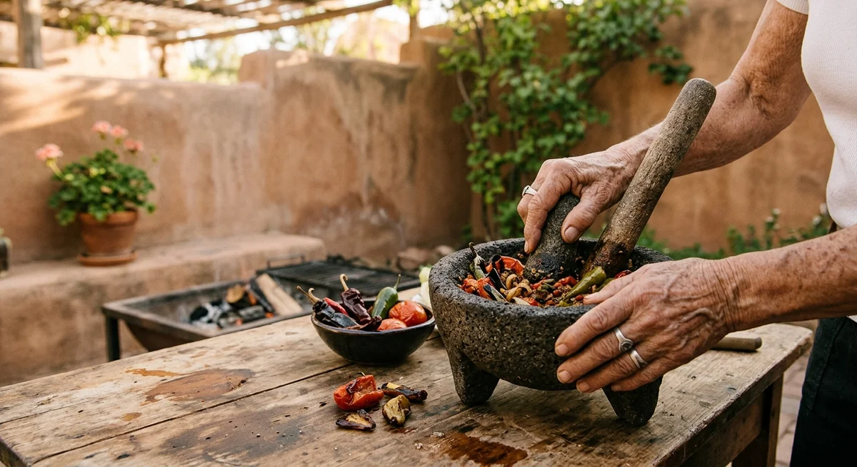 Manos de una persona mayor moliendo chiles y tomates asados en un molcajete de piedra, sobre una mesa de madera rústica