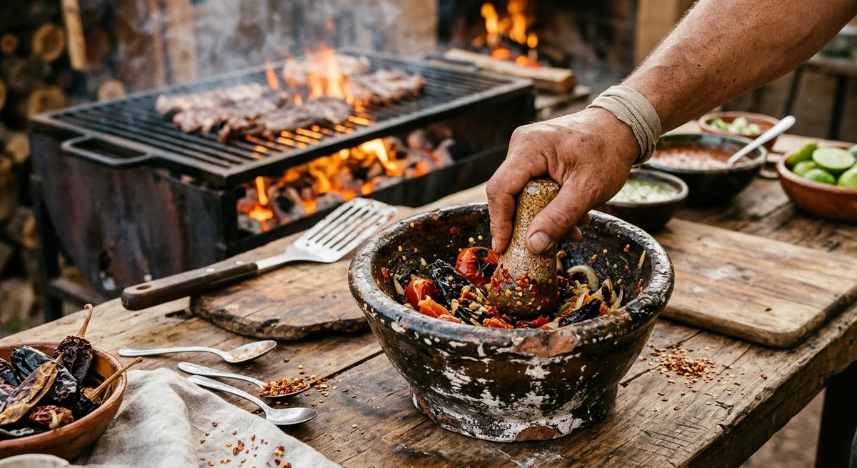 Mano moliendo chiles y tomates asados en un molcajete de piedra, con una parrilla con carne y fuego al fondo