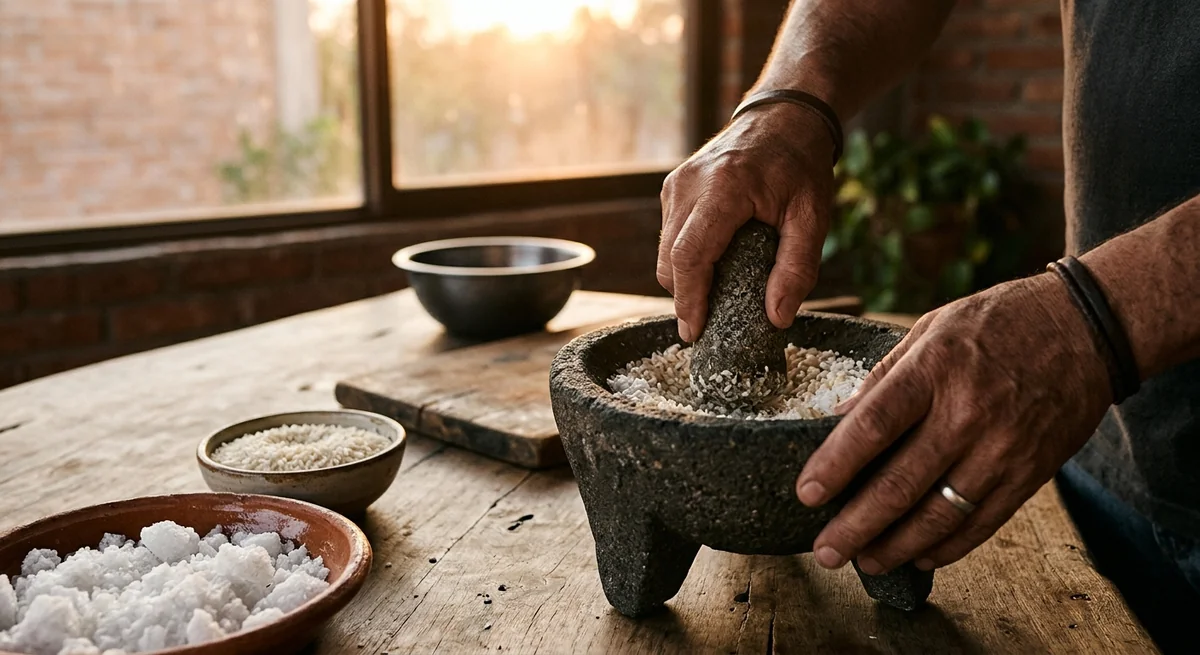 Manos de hombre moliendo sal gruesa en un molcajete de piedra volcánica, con cuencos de sal y arroz en una mesa de madera