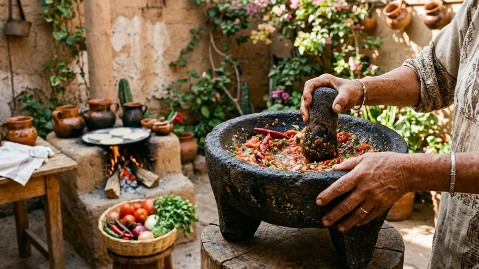 Manos de una mujer moliendo salsa roja en un molcajete grande de piedra volcánica, con un fogón de leña y comal al fondo