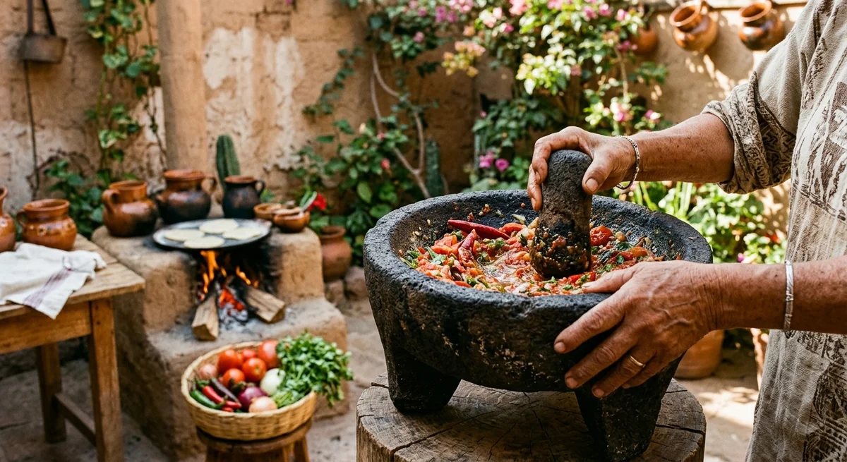 Manos de una mujer moliendo salsa roja en un molcajete grande de piedra volcánica, con un fogón de leña y comal al fondo