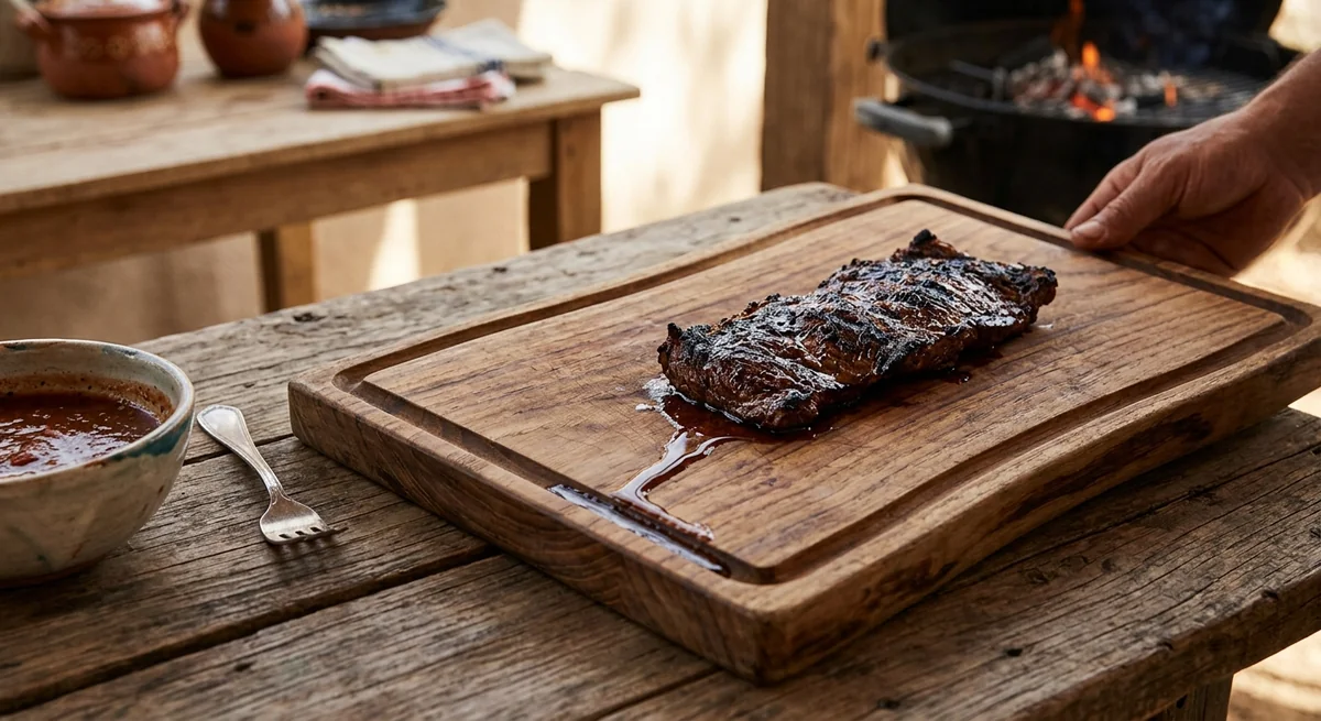 Mano de hombre colocando una tabla de madera clara con una carne asada jugosa sobre una mesa rústica, junto a un tazón de salsa