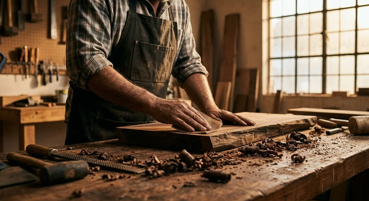 Hombre lijando una tabla de madera oscura con bordes irregulares en un taller de carpintería, con virutas y herramientas sobre la mesa