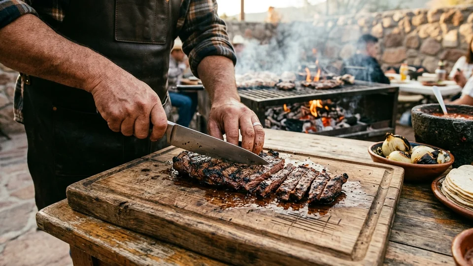Parrillero cortando carne asada en una tabla de madera rústica, con cebollas asadas, salsa molcajeteada y tortillas al lado