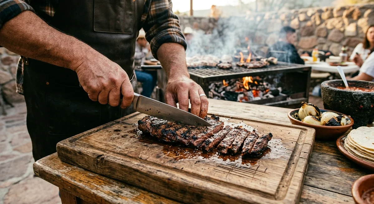 Parrillero cortando carne asada en una tabla de madera rústica, con cebollas asadas, salsa molcajeteada y tortillas al lado
