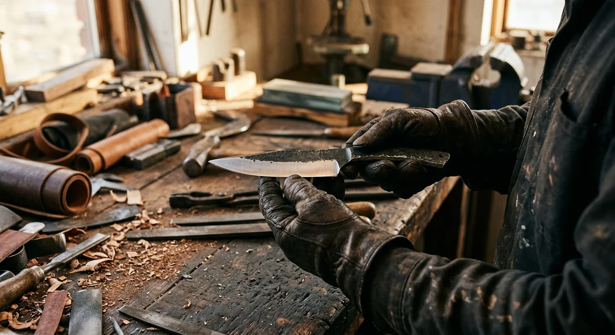 Manos con guantes de cuero oscuro sostienen un cuchillo forjado con mango negro y hoja plateada, sobre una mesa de trabajo de madera.