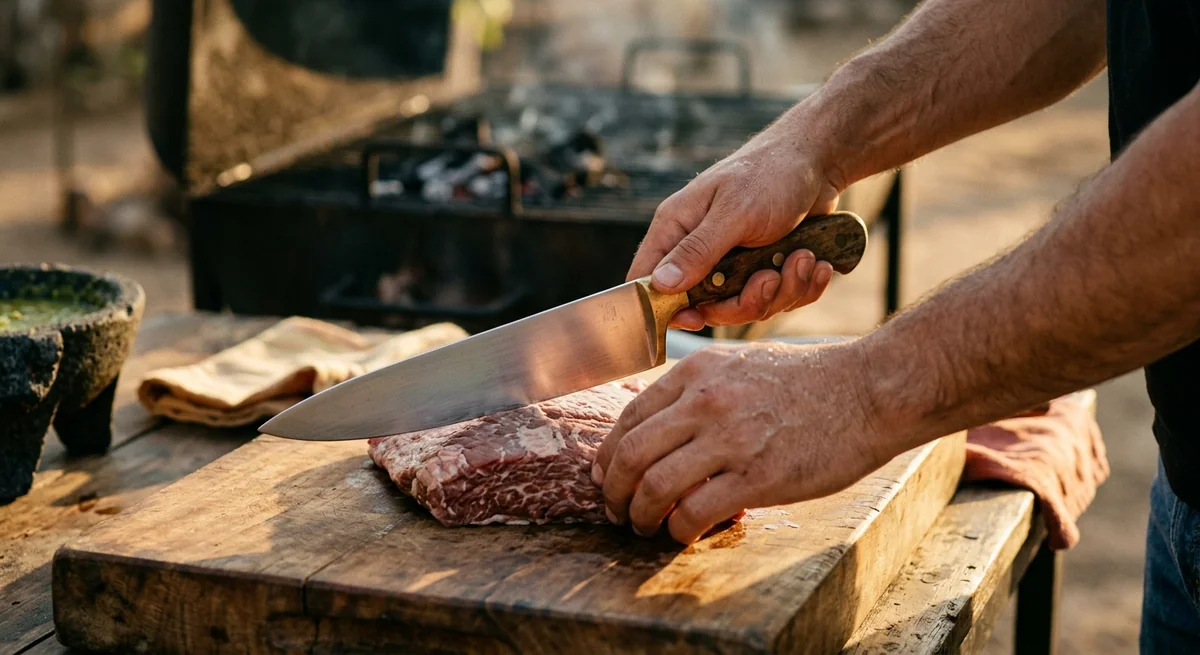 Un parrillero corta un trozo de carne roja con un cuchillo de hoja ancha y mango de madera sobre una tabla de madera rústica