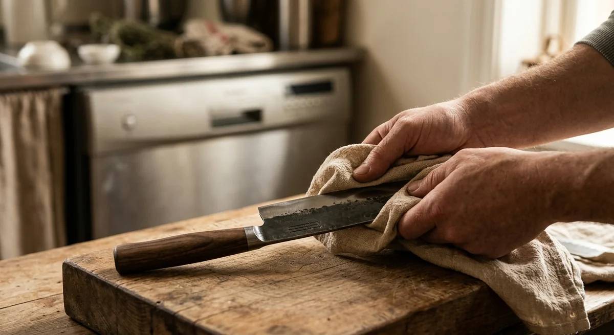 Manos secando un cuchillo de carnicero forjado con mango de madera oscura sobre una tabla de cortar de madera clara, en una cocina