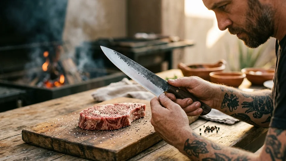 Hombre barbudo con brazos tatuados afilando un cuchillo de carnicero forjado, con un corte de carne cruda sazonada en tabla de madera