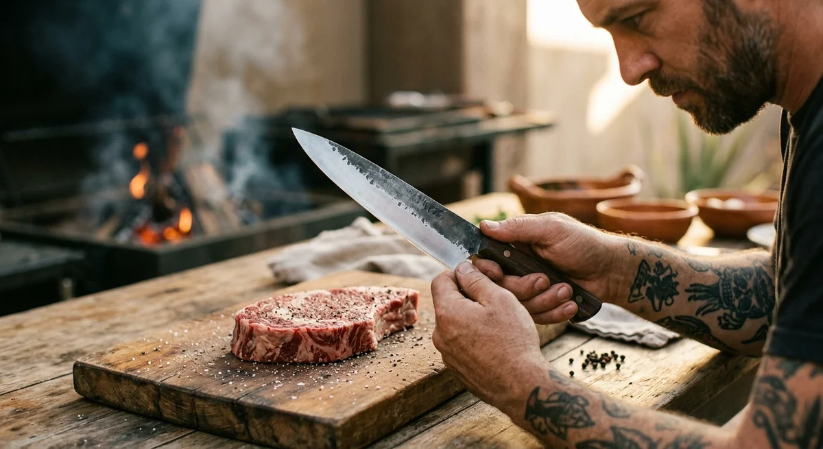 Hombre barbudo con brazos tatuados afilando un cuchillo de carnicero forjado, con un corte de carne cruda sazonada en tabla de madera