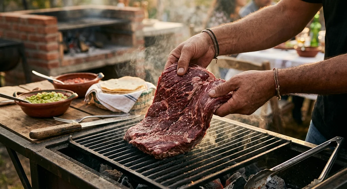 Manos de hombre colocando un corte de carne asada con sal sobre la parrilla, con guacamole, salsa y tortillas a un lado