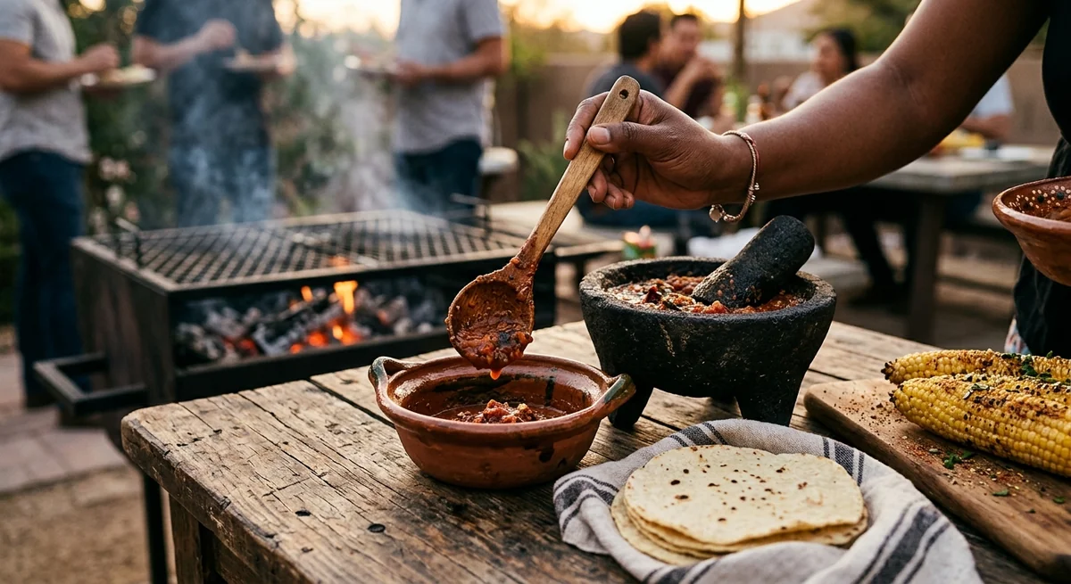 Mano sirviendo salsa roja de molcajete a cazuela de barro, con tortillas y elotes asados en mesa de madera, asador al fondo