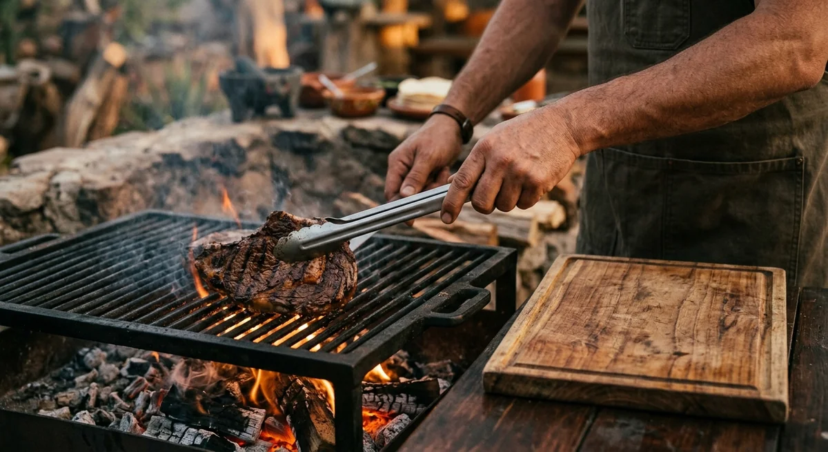Hombre con delantal volteando un corte de carne grueso en un asador de carbón, con una tabla de madera a un lado