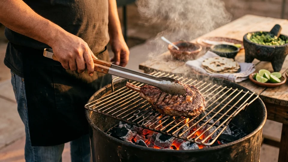 Dos manos voltean un corte de carne grueso con pinzas y espátula sobre un asador con brasas encendidas y humo
