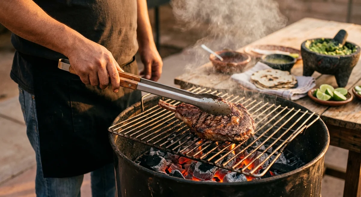 Dos manos voltean un corte de carne grueso con pinzas y espátula sobre un asador con brasas encendidas y humo